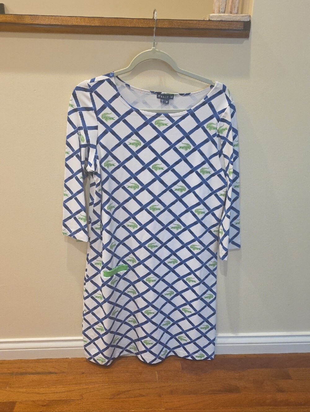 Melly M White Dress with Blue Lattice and Green Motif